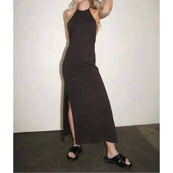 LNA Clothing Halter Bib Maxi Dress Gray Large Side Slit Cotton Beachy Boho Chic - Picture 1 of 11